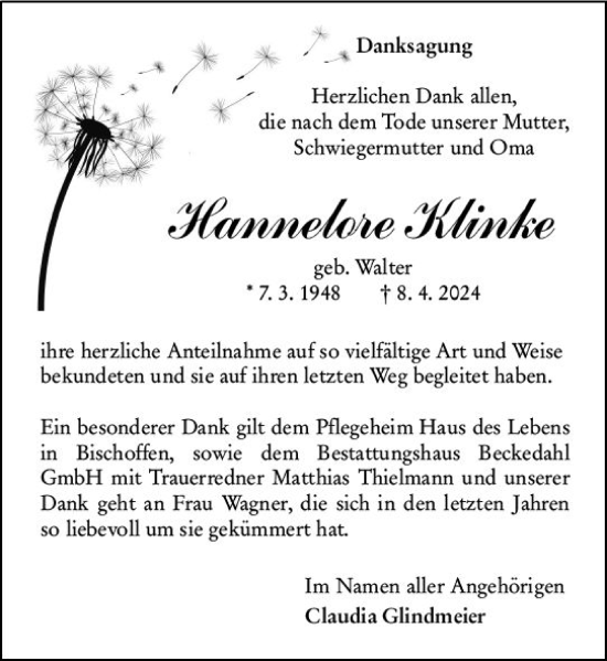 Traueranzeige von Hannelore Klinke von Dill Block