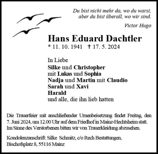 Traueranzeige von Hans Eduard Dachtler von Allgemeine Zeitung Mainz