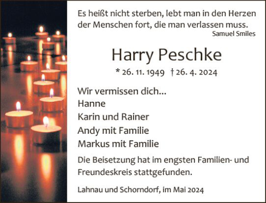 Traueranzeige von Harry Peschke von Wetzlarer Neue Zeitung