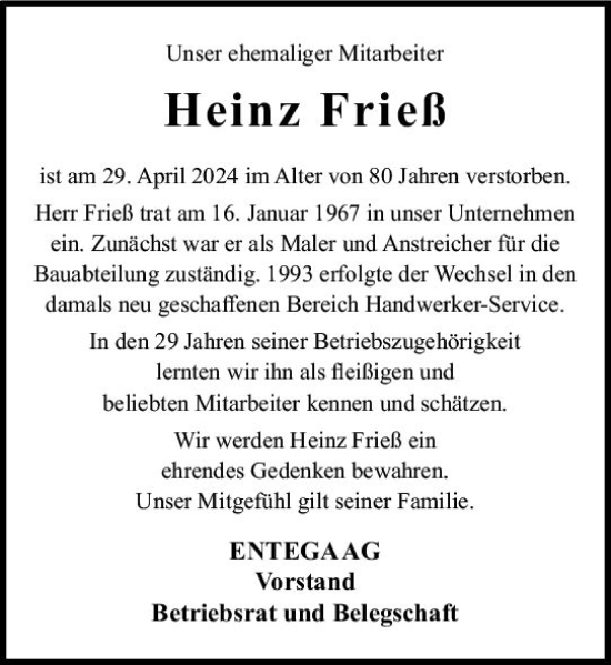 Traueranzeige von Heinz Frieß von Odenwälder Echo