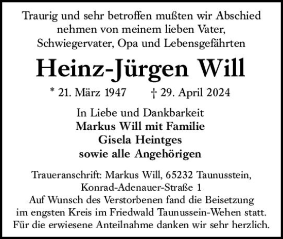 Traueranzeige von Heinz-Jürgen Will von Wiesbadener Kurier