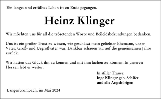 Traueranzeige von Heinz Klinger von Odenwälder Echo
