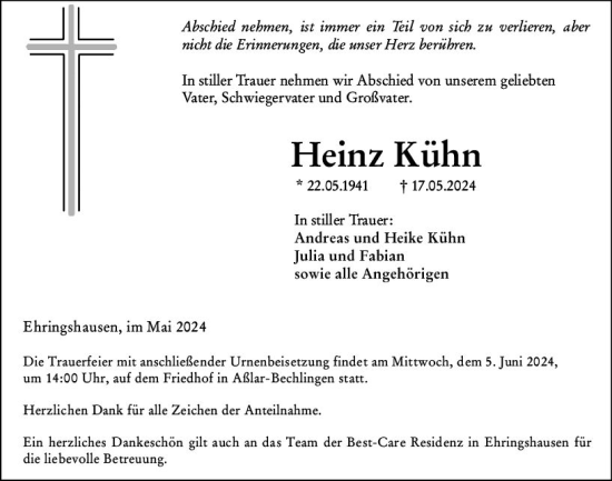 Traueranzeige von Heinz Kühn von Wetzlarer Neue Zeitung