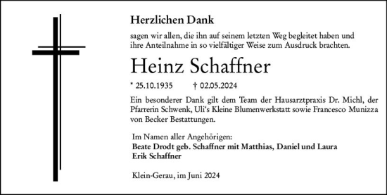 Traueranzeige von Heinz Schaffner von Groß-Gerauer Echo