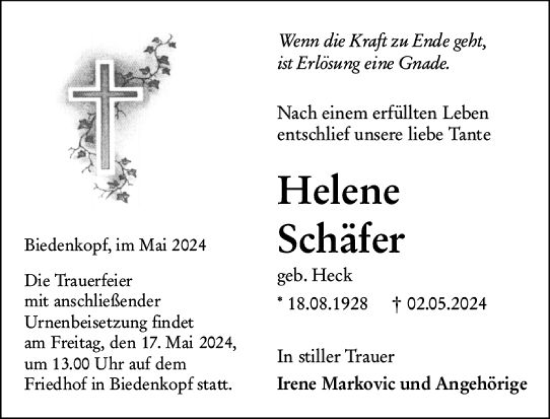 Traueranzeige von Helene Schäfer von Hinterländer Anzeiger
