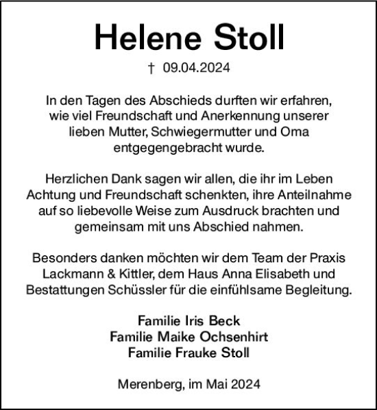 Traueranzeige von Helene Stoll von Weilburger Tageblatt