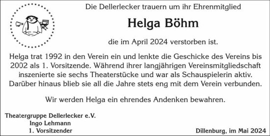 Traueranzeige von Helga Böhm von Dill Block