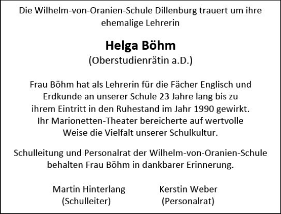 Traueranzeige von Helga Böhm von Dill Block