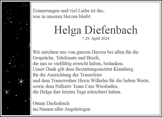 Traueranzeige von Helga Diefenbach von Wiesbadener Kurier