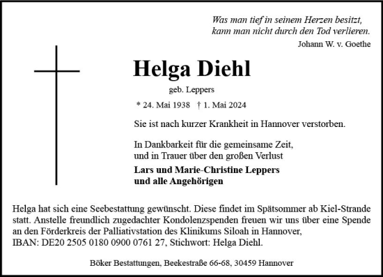 Traueranzeige von Helga Diehl von Rheingau-Taunus-Kreis Wochenblatt