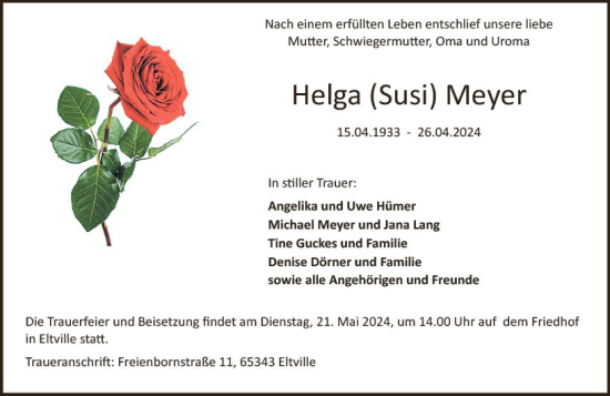 Traueranzeige von Helga Meyer von Rheingau Kurier