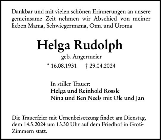 Traueranzeige von Helga Rudolph von Darmstädter Echo