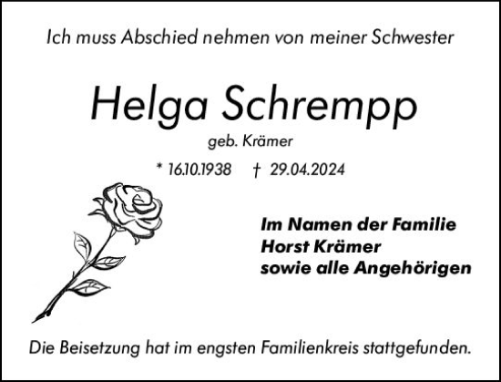 Traueranzeige von Helga Schrempp von Wiesbadener Kurier