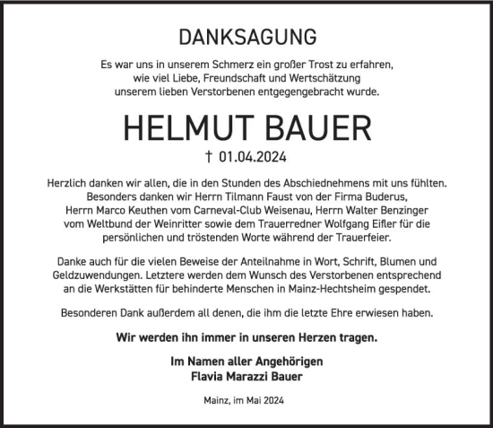 Traueranzeige von Helmut Bauer von Allgemeine Zeitung Mainz