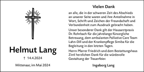 Traueranzeige von Helmut Lang von Dill Block