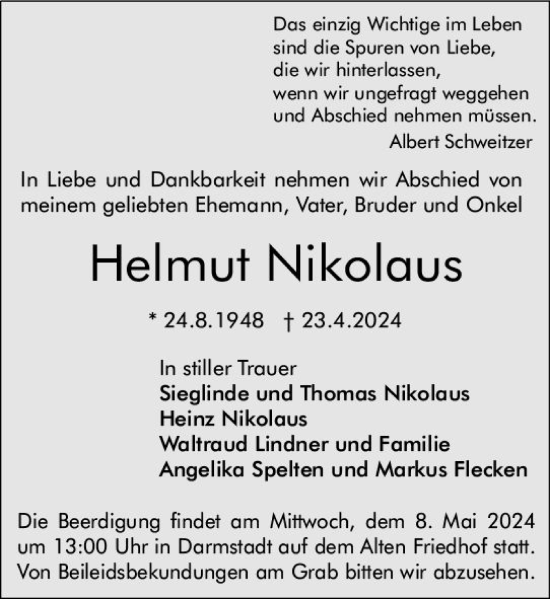 Traueranzeige von Helmut Nikolaus von Darmstädter Echo