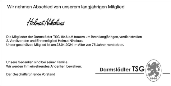 Traueranzeige von Helmut Nikolaus von Darmstädter Echo