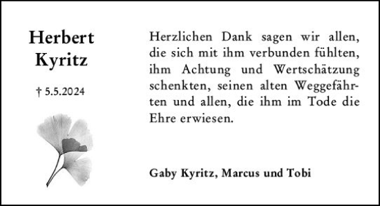 Traueranzeige von Herbert Kyritz von Hochheimer Zeitung