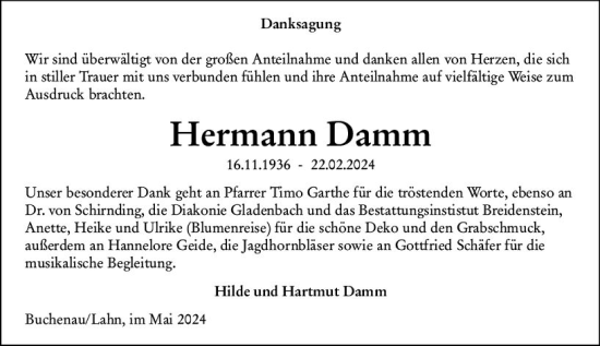 Traueranzeige von Hermann Damm von Hinterländer Anzeiger