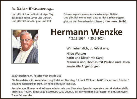 Traueranzeige von Hermann Wenzke von Allgemeine Zeitung Mainz