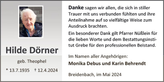 Traueranzeige von Hilde Dörner von Hinterländer Anzeiger