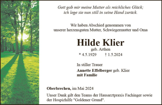 Traueranzeige von Hilde Klier von Camberger Anzeiger