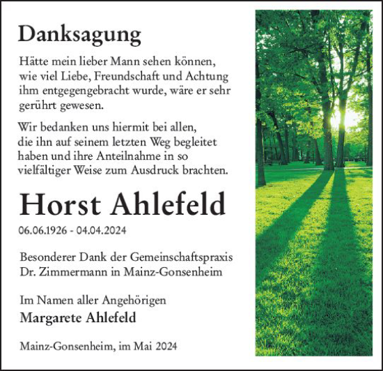 Traueranzeige von Horst Ahlefeld von Allgemeine Zeitung Mainz