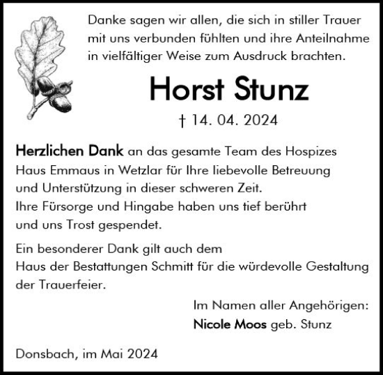 Traueranzeige von Horst Stunz von Dill Block