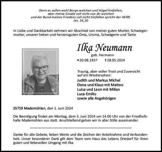 Traueranzeige von Ilka Neumann von Dill Block