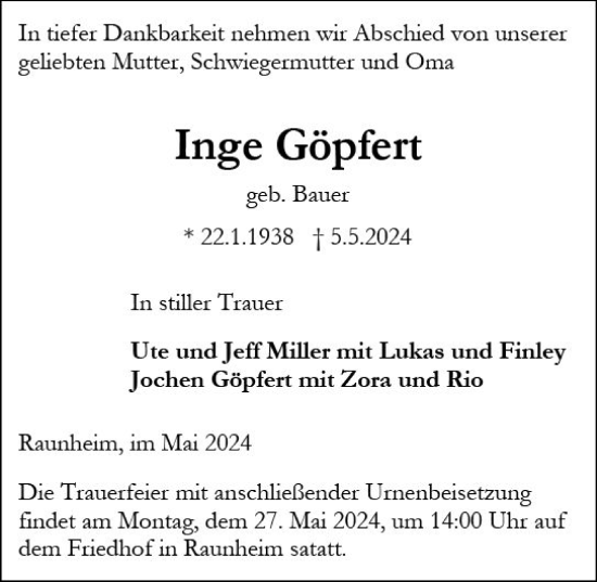 Traueranzeige von Inge Göpfert von Rüsselsheimer Echo