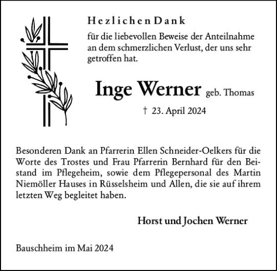 Traueranzeige von Inge Werner von Rüsselsheimer Echo