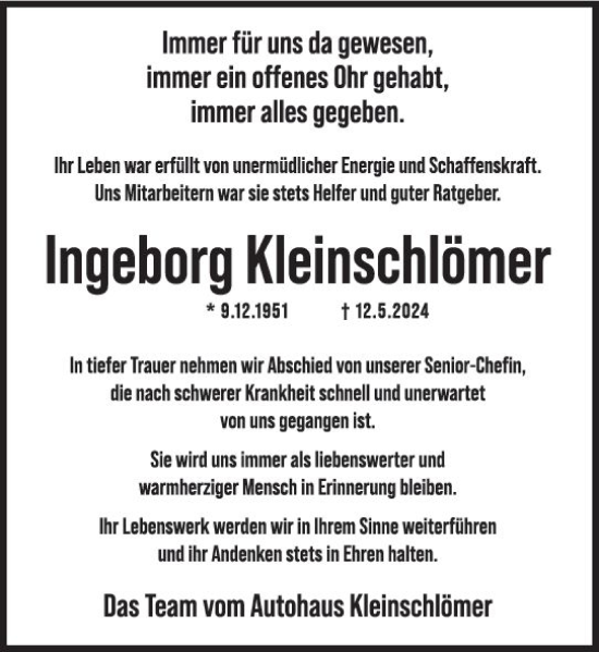 Traueranzeige von Ingeborg Kleinschlömer von Wetzlarer Neue Zeitung