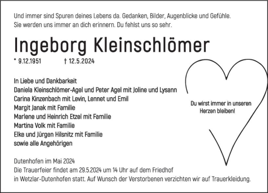 Traueranzeige von Ingeborg Kleinschlömer von Wetzlarer Neue Zeitung