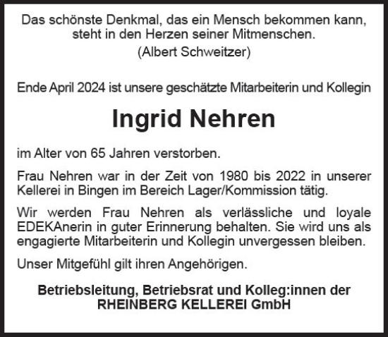Traueranzeige von Ingrid Nehren von Binger-/Ingelheimer Wochenblatt