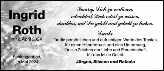 Traueranzeige von Ingrid Roth von Rheingau-Taunus-Kreis Wochenblatt