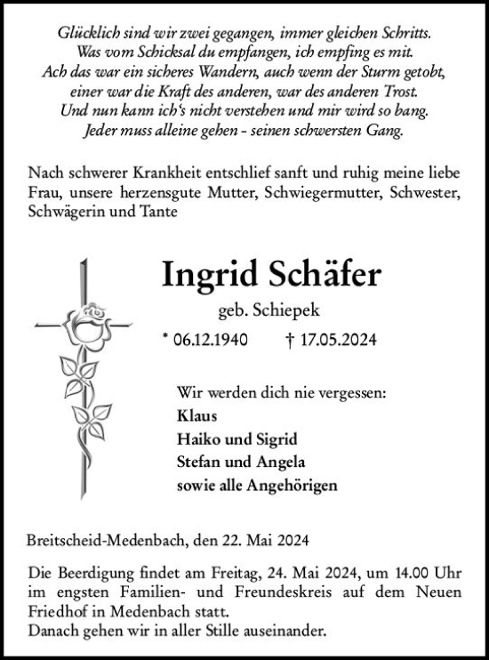 Traueranzeige von Ingrid Schäfer von Dill Block