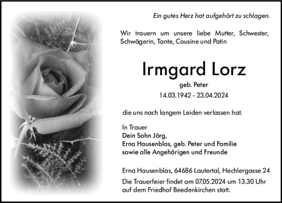 Traueranzeige von Irmgard Lorz von Bergsträßer Anzeiger