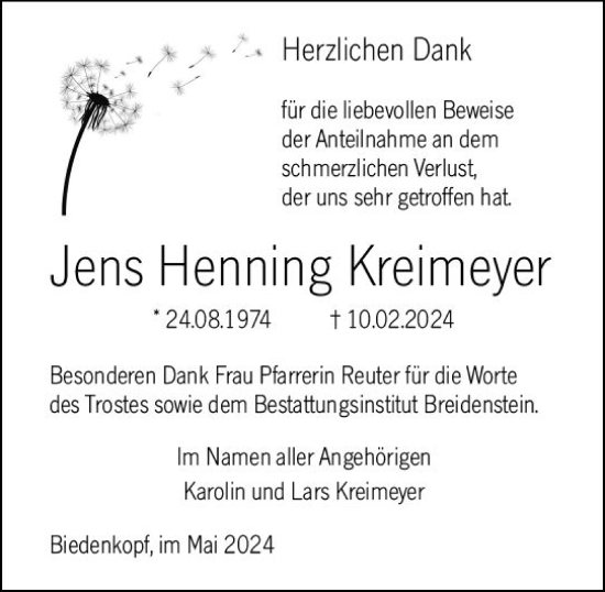 Traueranzeige von Jens Henning Kreimeyer von Hinterländer Anzeiger