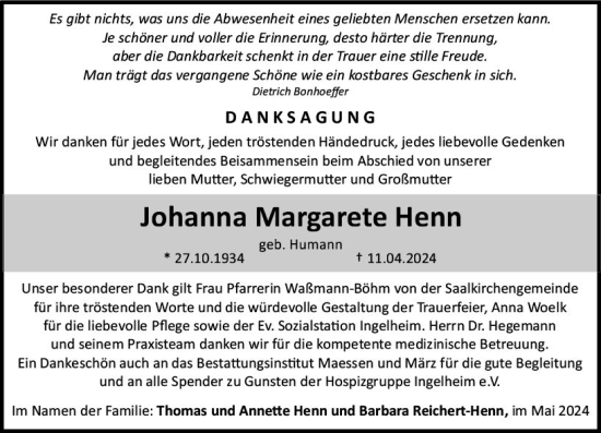 Traueranzeige von Johanna Margarete Henn von Allgemeine Zeitung Bingen/Ingelheim
