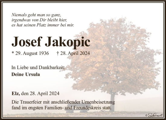 Traueranzeige von Josef Jakopic von Nassauische Neue Presse