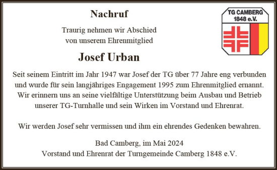 Traueranzeige von Josef Urban von Camberger Anzeiger