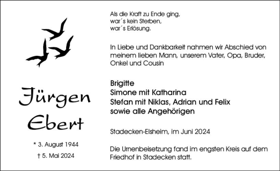 Traueranzeige von Jürgen Ebert von Allgemeine Zeitung Mainz