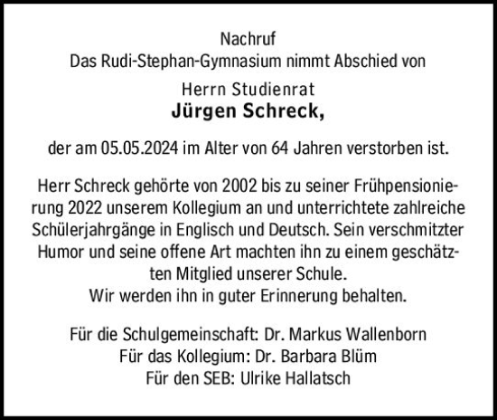 Traueranzeige von Jürgen Schreck von Wormser Zeitung