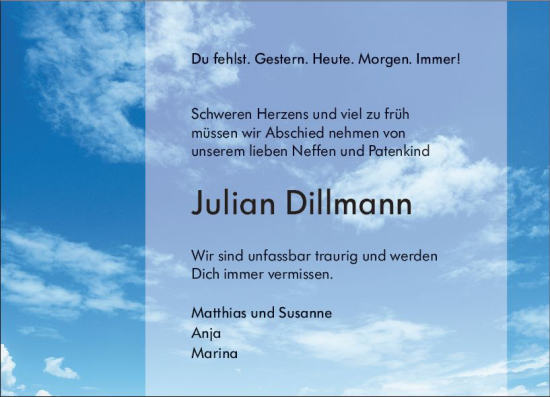 Traueranzeige von Julian Dillmann von Weilburger Tageblatt