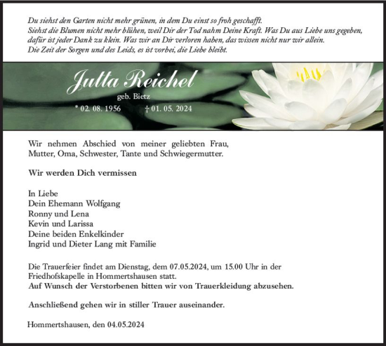 Traueranzeige von Jutta Reichel von Hinterländer Anzeiger