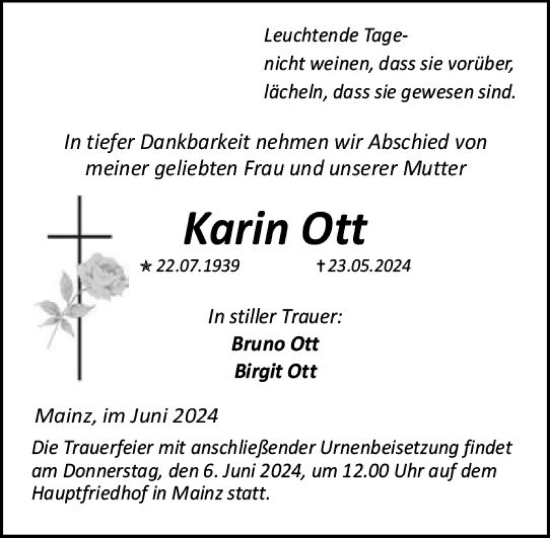 Traueranzeige von Karin Ott von Allgemeine Zeitung Mainz