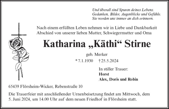 Traueranzeige von Katharina  Stirne von Rüsselsheimer Echo
