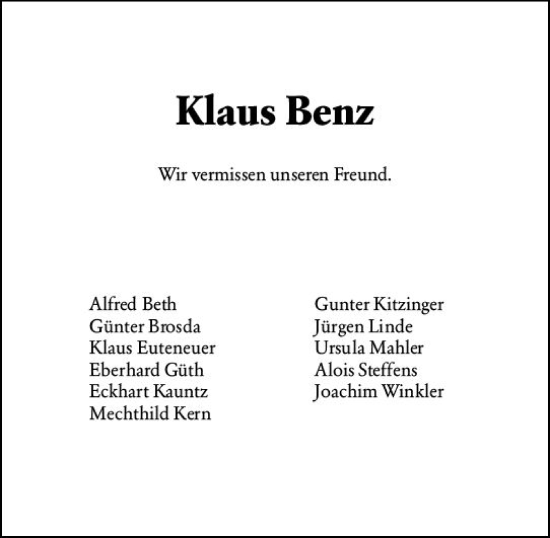 Traueranzeige von Klaus Benz von Allgemeine Zeitung Mainz