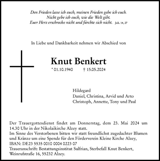 Traueranzeige von Knut Benkert von Allgemeine Zeitung Alzey