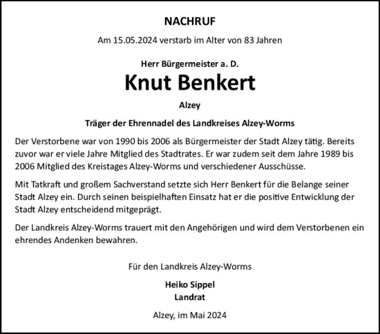 Traueranzeige von Knut Benkert von Allgemeine Zeitung Alzey